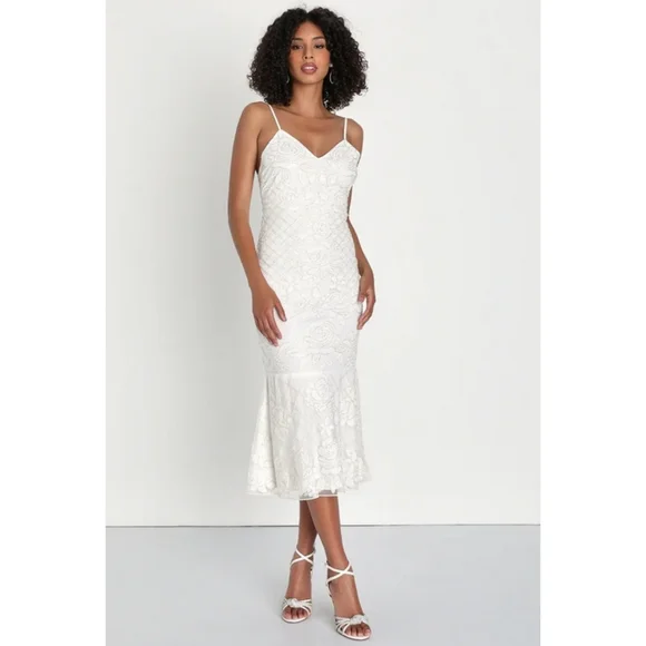 Lulus | Dresses | Lulus Charismatic Love White Floral Beaded Sequin Midi  Dress Medium | Poshmark